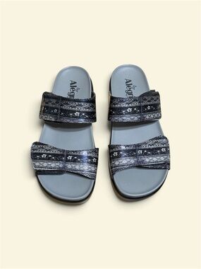 Alegria Black and Gray Patterned Double-Strap Slide Sandals LEN 593X size 38